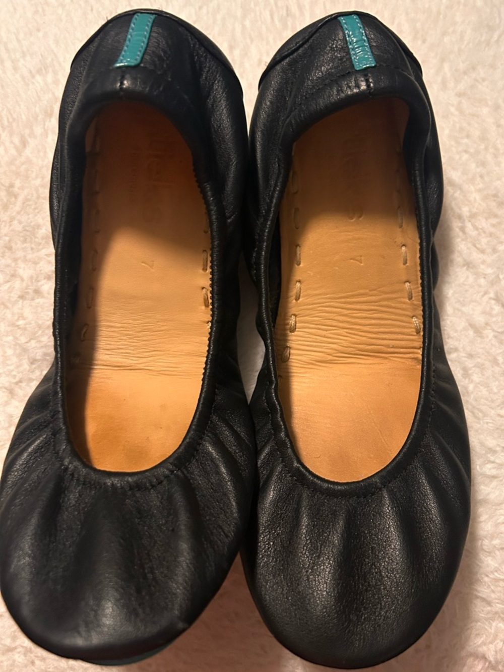 Tieks Black Leather Ballet Flats with Teal Stitch Accent